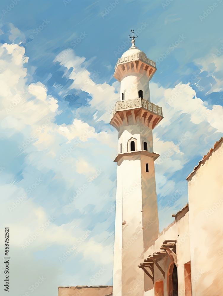 Depicts the minaret of an Islamic mosque, focusing on architectural details, rendered in impressionism style, generative ai