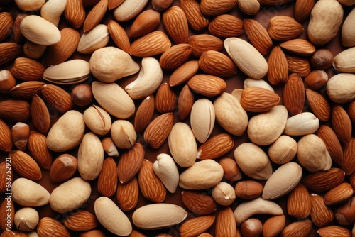 Assorted nuts background, large mix seeds. raw food products: pecan, hazelnuts, walnuts, pistachios, almonds, macadamia, cashew, peanut and other