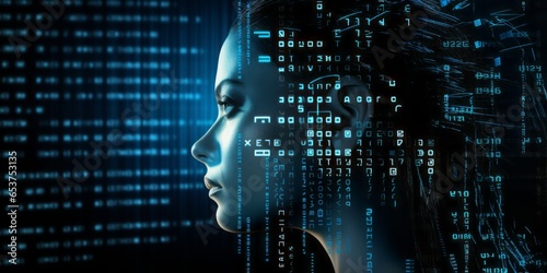 Exploring the Digital Landscape: A Woman's Face Emerges from the Blue Matrix, Symbolizing Data Visualization, Information Overload, and the Power of Data Science in the Information Age