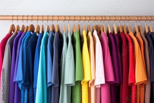 Wide panorama row of many fresh new fabric cotton t-shirts in colorful rainbow colors isolated. Pile of various colored shirts white background
