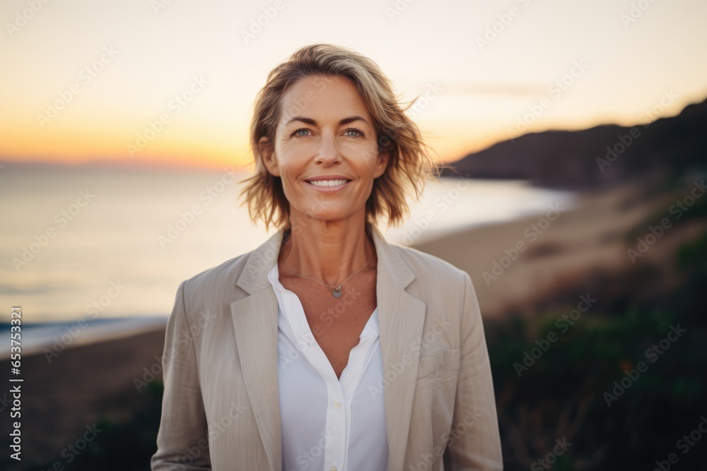 Beautiful gorgeous mature 50s mid age beautiful elderly senior model woman smiling in a sunset beach. Close up portrait. Healthy face skin care beauty, skincare cosmetics, dental, mental health, relax - obrazy, fototapety, plakaty 