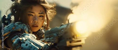 CU portrait of female military in futuristic outfit fighting holding sci-fi weapon. Battle in ruined city. Futuristic war concept. Selective focus.
