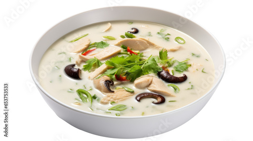 Traditional asian soup Tom kha kai soup isolated on white transparent background photo