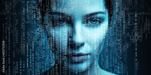 Exploring the Digital Landscape: A Woman's Face Emerges from the Blue Matrix, Symbolizing Data Visualization, Information Overload, and the Power of Data Science in the Information Age photo