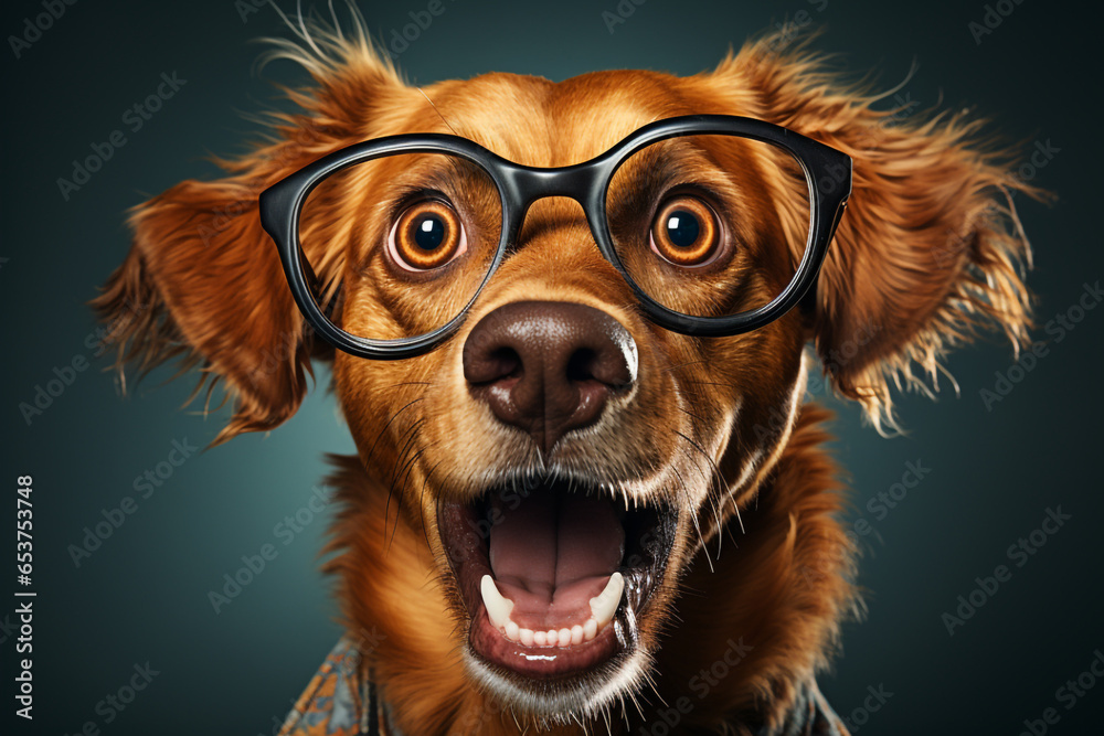 Studio portrait of shocked dog wearing glasses made with AI