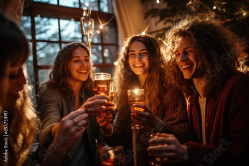 Group of young friends, men and women, smiling, toasting, drinking, new year celebration at a ski resort or cozy wood cabin
