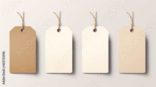 Four paper tags for clothes or products. Plain white background. Blank space for text or logo. Image generated by AI.