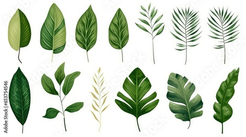 Set of tropical green leaves isolated on white background © Praphan