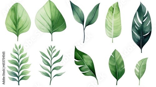 Set of tropical green leaves isolated on white background