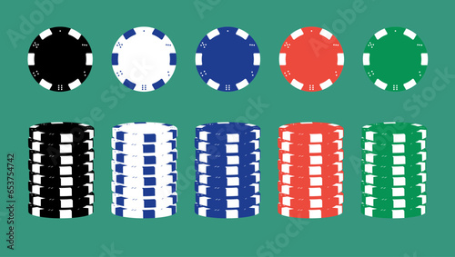 5 Colors Casino Poker Chips Set, flat and 3d  view, isolated vector