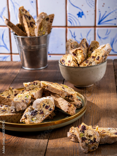 Italian Almond Biscotti Cantucci Biscuits, italian dessert cookies close up, selective focus, space for text. Homemade bakery confectionery concept.