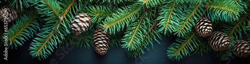 Christmas tree branches with cones on a dark background. New Year banner. Generative Ai