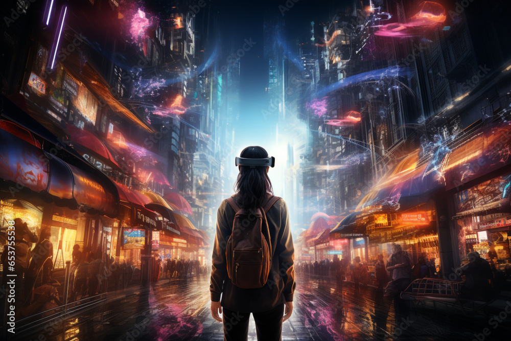 Girl in metaverse, back view of female gamer walking in 3D virtual reality city made with AI Girl in metaverse, back view of female gamer walking in 3D virtual reality city made with AI