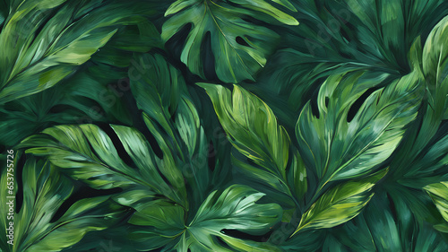 Green background with palm leaves illustration. Oil art. Wallpaper. AI generated
