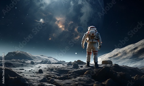 astronaut exploring extraterrestrial planets or moon, ai generative photo