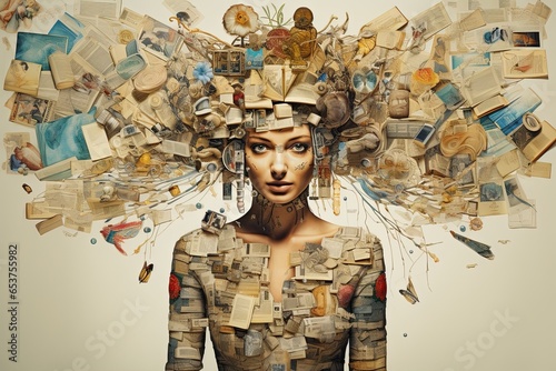 Woman with multimedia collage in face and hair. Creative image for blogs and newspapers