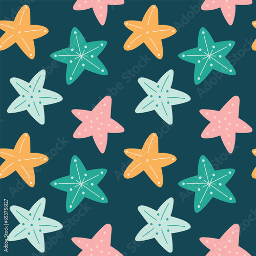 Marina seamless pattern with starfish on blue background