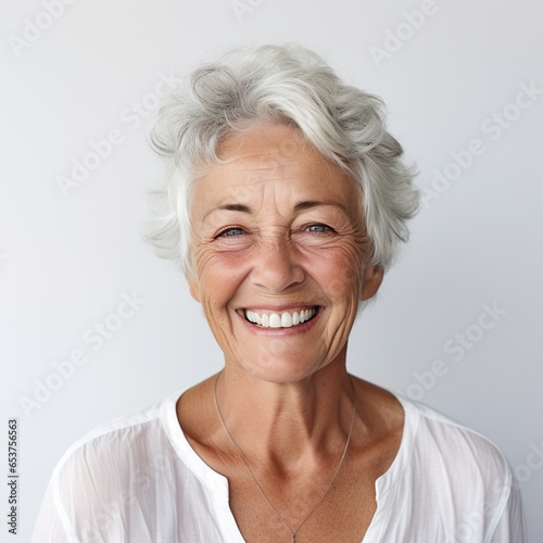 Ältere freunliche Frau, graue Haare, lächeln, generative AI