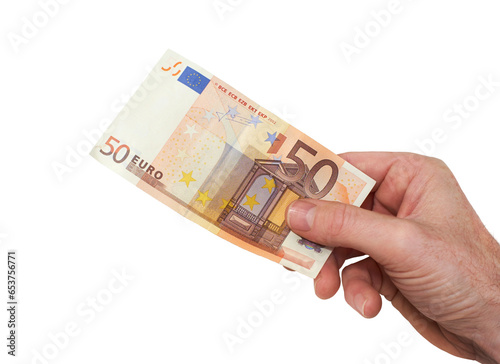 Obraz na płótnie A hand holding, paying or giving a European 100 Euro banknote, paper currency money, isolated against a transparent background. w salonie
