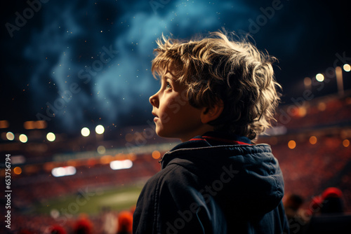 Epic night at stadium with young soccer player standing ready on field made with AI