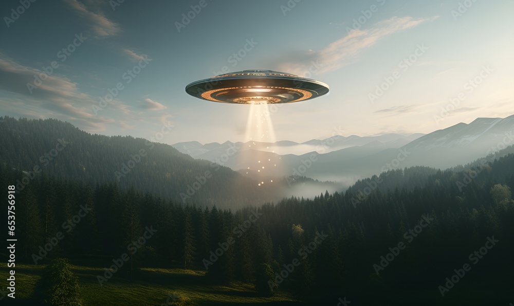 ufo with elevate beam in forest, ai generative - obrazy, fototapety, plakaty 