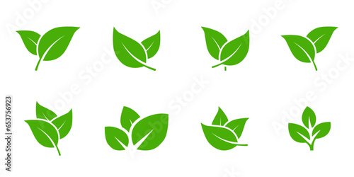 Set of green leaf icons. Leaves of trees and plants. Green leaves collection. Environment symbol. Elements design for natural, eco, bio, vegan labels. Vector illustration.