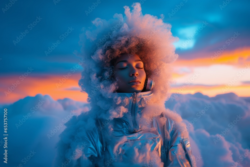 This surreal portrait captures a dreamy astronaut in a colorful, smoke-filled sky, wearing a futuristic suit and listening to the music of the clouds