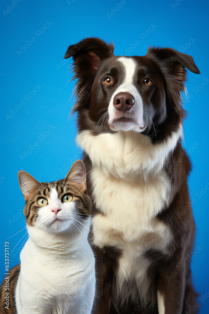 Paws and Whiskers  Tabby Cat and Border Collie Dog Against the Calm Blue Gradient Background