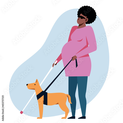 A vector image of a pregnant unseeing woman with a guide-dog.