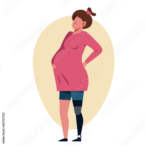 A pregnant woman with a leg prosthetics. A pregnant amputee vector image.