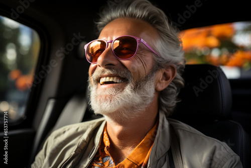 Happy bearded senior man enjoying summer road trip in Italy made with AI