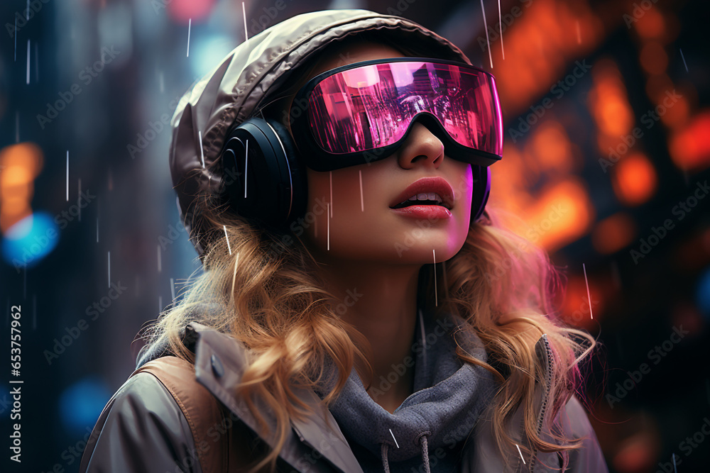 Virtual reality female gamer in futuristic metaverse city made with AI Virtual reality female gamer in futuristic metaverse city made with AI
