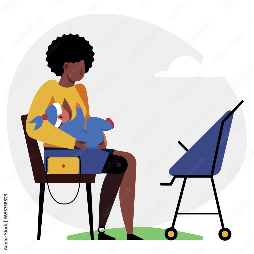 A black woman with a prosthetics feeding her baby with her breast. An amputee vector image.