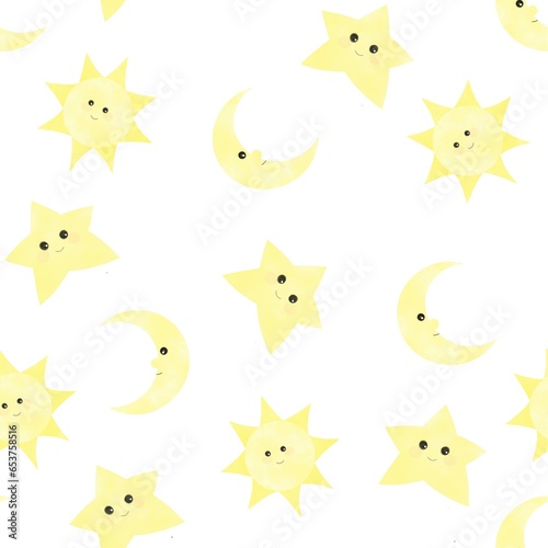 Cute sun  star and moon watercolor seamless pattern for children  print  background  wallpaper