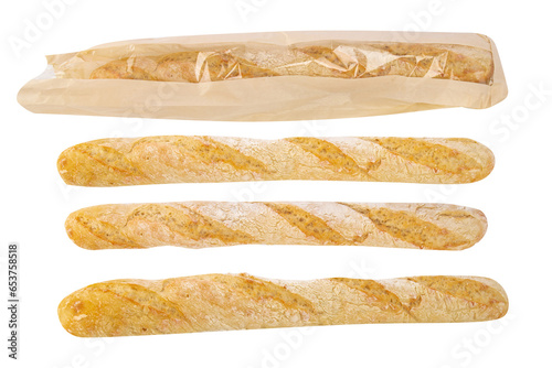 French baguette isolated on transparent background png. baguette in a package (paper bag)