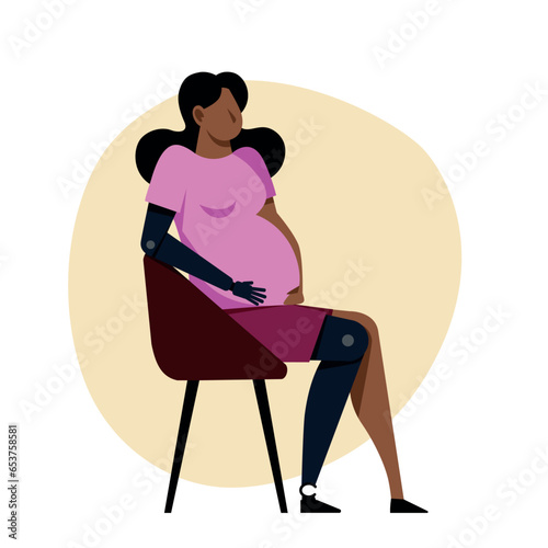 A pregnant hispanic woman with a leg prosthetics. A pregnant amputee vector image.