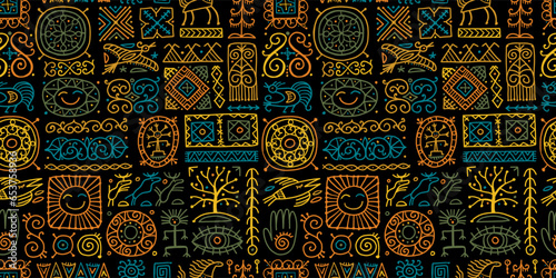 Ethnic handmade ornament, Folk Vintage Symbols. Seamless Pattern for your design