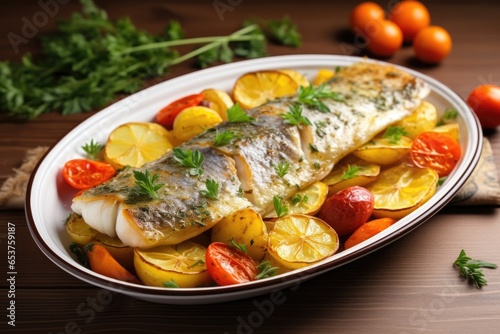 baked fish fillet served with vegetables