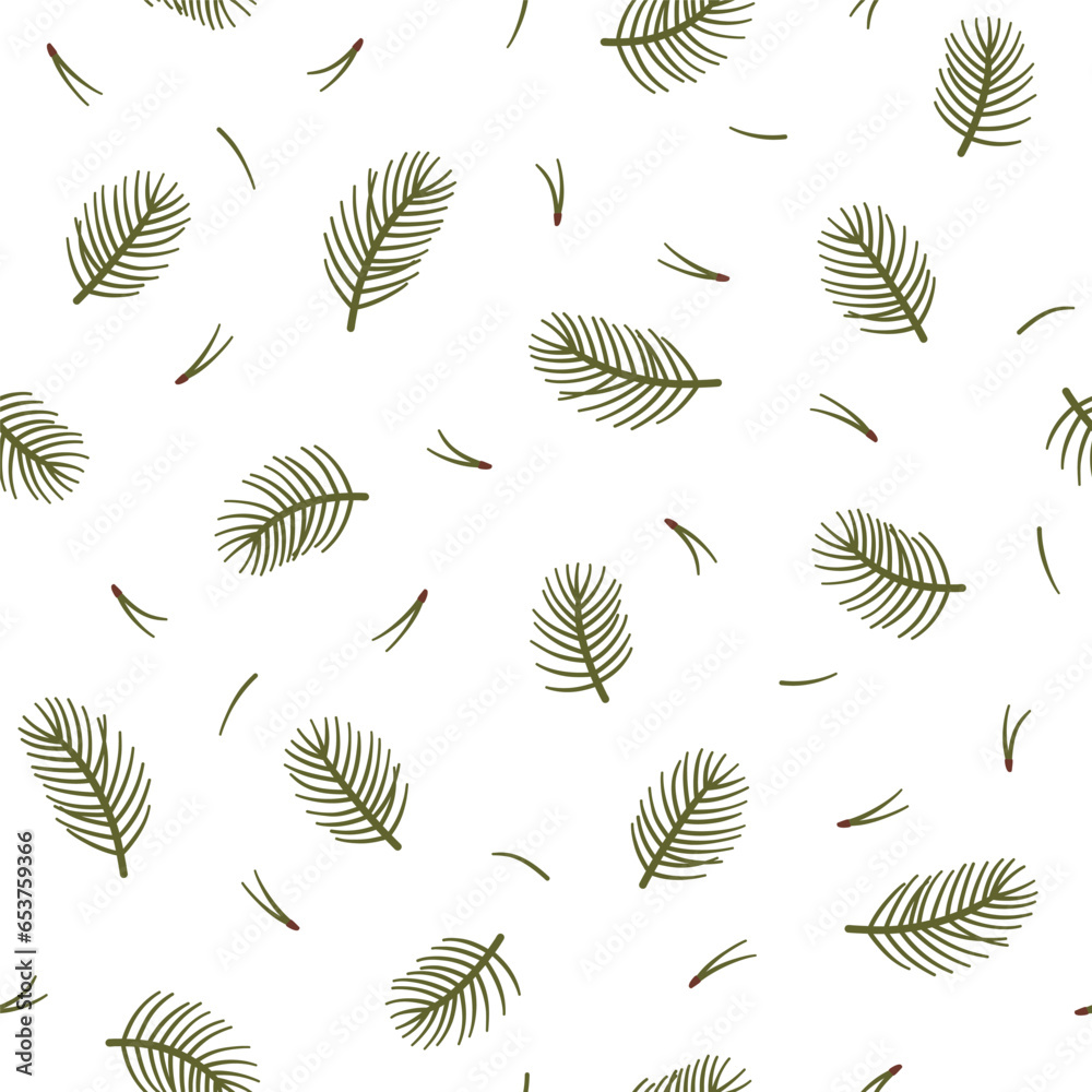 Vector seamless pattern with coniferous branches and needles on a white background