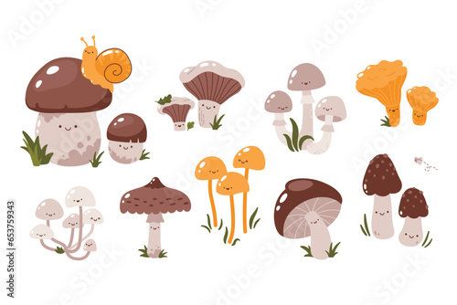 Set of vector cute forest mushroom characters isolated on white background