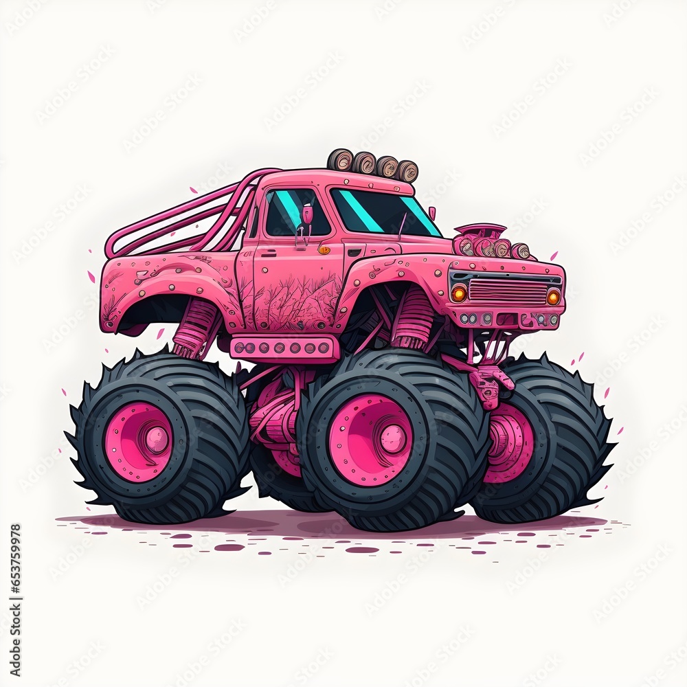 a cute pink monster truck for girls valentine detailed clear lines white background 