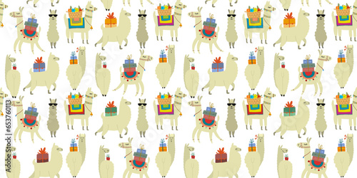 Cute alpaca character. Funny llamas family with luggage. Seamless pattern for...