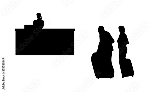 A elderly couple check in or check out at the hotel reception. Traveler full body silhouettes. Elderly couple, receptionist, seniors with suitcase, tourist, travel. Black vector.