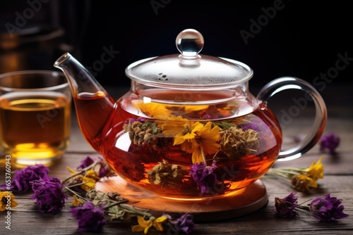 glass teapot filled with floral herbal tea