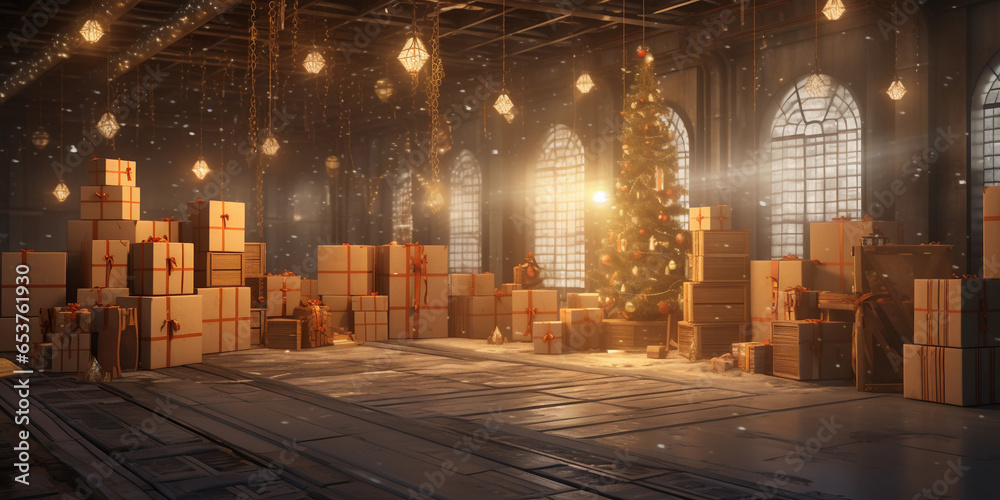 Warm warehouse in Christmas holidays with presents. Boxes of Christmas gift inventory.
