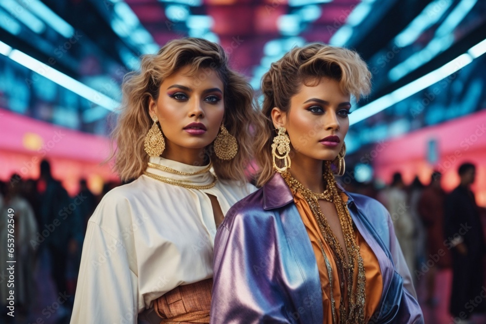 Girls in 80's Fashion Posing in Modern World Amidst Futuristic Digital Billboards: High-Waisted Jeans, Bold Patterns, and Chunky Jewelry