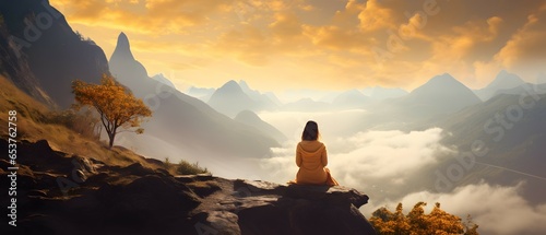 Talblick-Meditation: Frau in der Abendsonne auf Bergfelsen photo