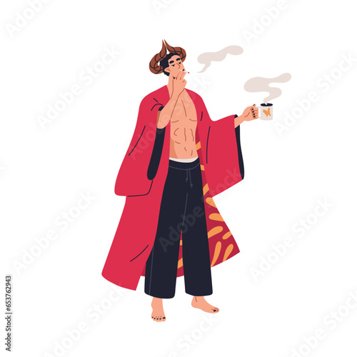 Horned devil, bad sexy man smoking cigarette, drinking coffee. Hot sassy male character, demon. Horny cocky guy in mantle, cloak, naked torso. Flat vector illustration isolated on white background