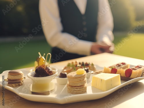 Luxury food service, appetisers by a waiter at a wedding celebration or formal event in classic English style at luxurious hotel or country estate, generative ai