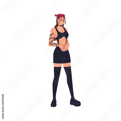 Sexy horned woman devil in latex outfit. Sassy horny young girl demon in leather clothes, collar. Happy hot female in Halloween apparel. Flat vector illustration isolated on white background